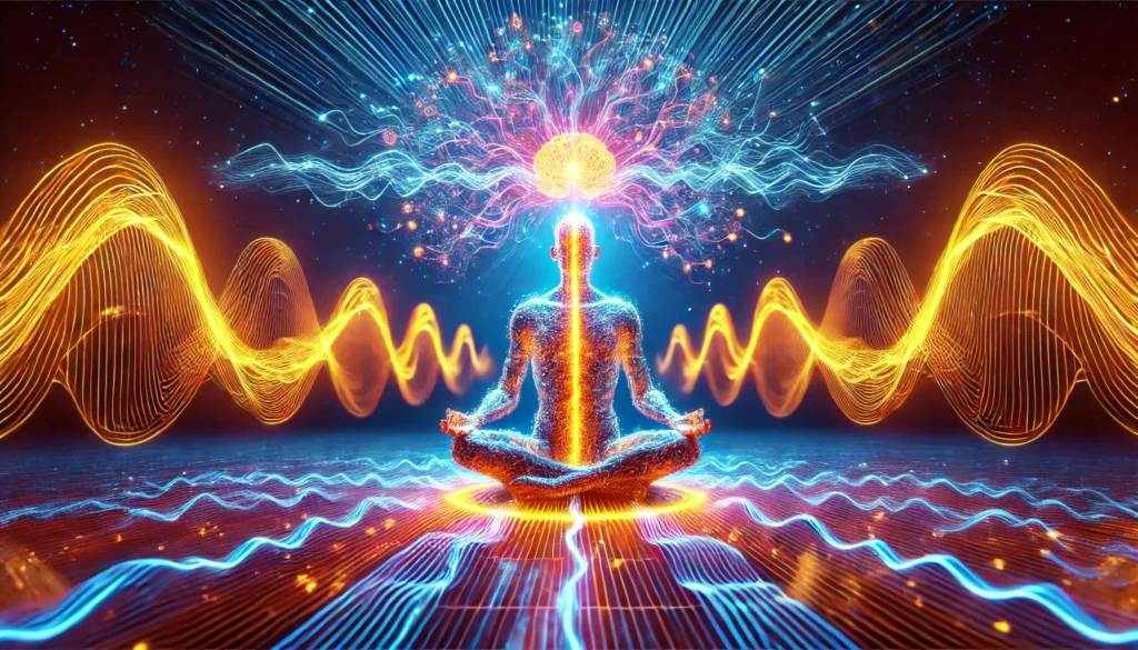 A futuristic visualization of meditation’s impact on brain chemistry, showing a meditating figure with vibrant energy flows connecting the mind and body. Pulsating waves of light symbolize neurotransmitter activity, promoting dopamine release and mental balance.