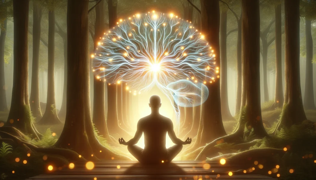 A serene image of a person meditating in a tranquil forest with glowing neural pathways emerging from their head, symbolizing enhanced brain connectivity through mindfulness. Soft golden light filters through the trees, creating an atmosphere of peace and cognitive transformation.