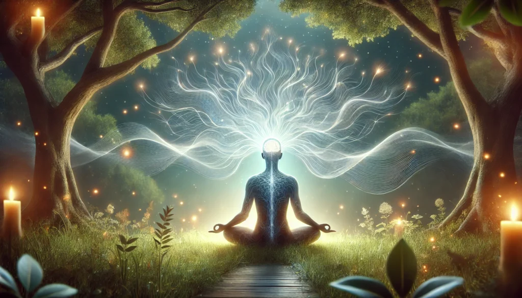 A tranquil meditation scene in nature with soft glowing light surrounding a meditating figure. Energy waves flow from the figure’s head, symbolizing mindfulness-induced brain activity and cognitive transformation. The environment conveys harmony, balance, and mental clarity.