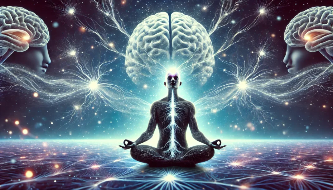 A serene image of a person meditating with glowing neural pathways emerging from their head, symbolizing the brain's transformation through mindfulness. The background features a cosmic, abstract neural network representing enhanced cognitive function and neuroplasticity.