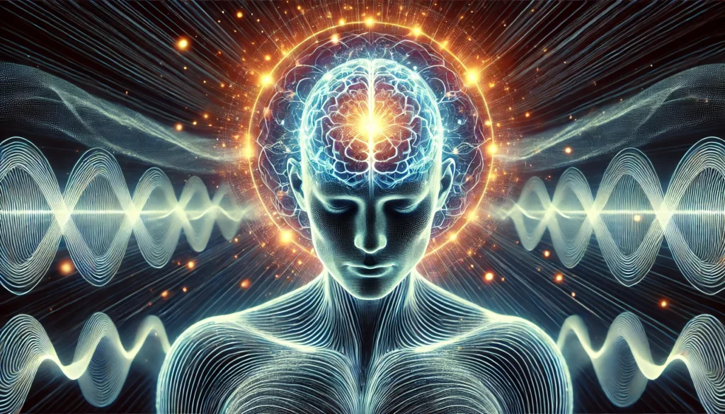 A futuristic representation of brainwave activity during meditation, with pulsating energy lines flowing through the nervous system. The glowing aura around the figure signifies the calming and healing effects of activating the parasympathetic nervous system.