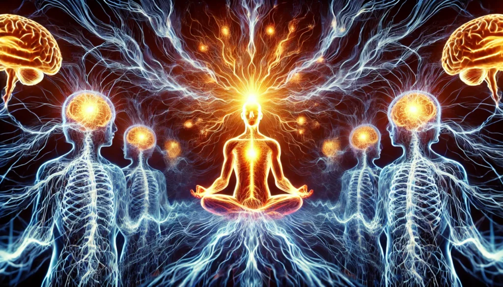 An artistic depiction of the human nervous system glowing with energy waves radiating from a meditating figure. The image conveys deep relaxation and balance, symbolizing how meditation activates the parasympathetic nervous system for optimal well-being.