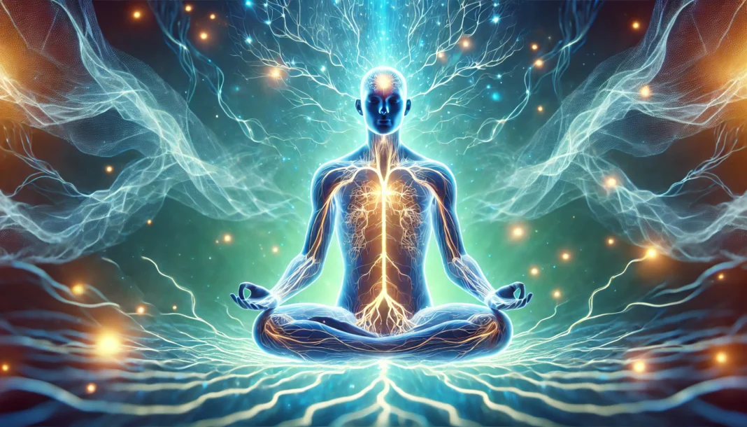 A serene visualization of a meditating figure with glowing neural pathways and an illuminated vagus nerve, representing the connection between meditation and the nervous system. The background exudes calming blue and green hues, symbolizing relaxation and the activation of the parasympathetic response.