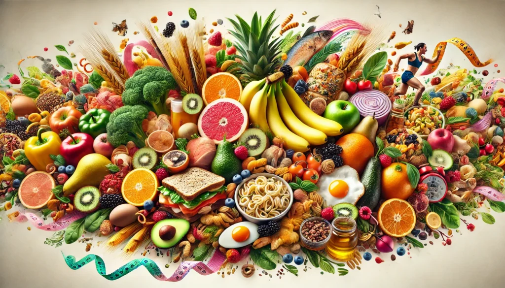 A vibrant display of nutrient-rich foods for marathon training, including bananas, oranges, whole grain bread, pasta, grilled salmon, eggs, avocados, and nuts, arranged in an energetic composition symbolizing endurance.