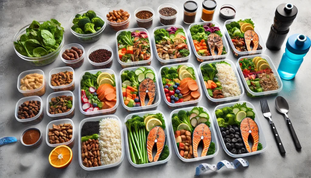 A well-organized meal prep setup for marathon runners, featuring portioned containers of brown rice, grilled salmon, steamed broccoli, roasted sweet potatoes, and fresh greens, highlighting balanced nutrition for endurance athletes.