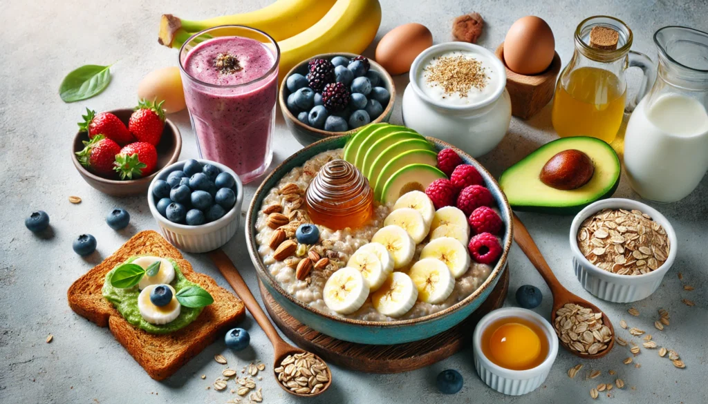 An energizing breakfast spread for marathon runners, including a bowl of oatmeal with bananas, nuts, and honey, whole wheat avocado toast, boiled eggs, a berry smoothie, and Greek yogurt with granola, set in a bright and inviting atmosphere.

