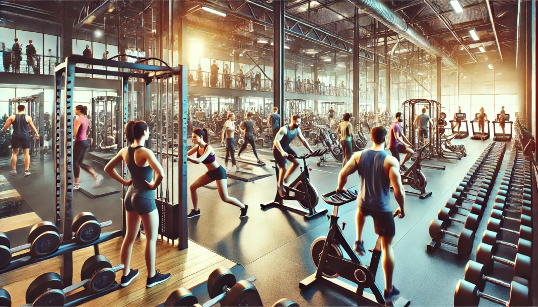 A high-energy gym with people engaged in various exercises, including weightlifting, cycling, and treadmill running. The setting is modern and vibrant.