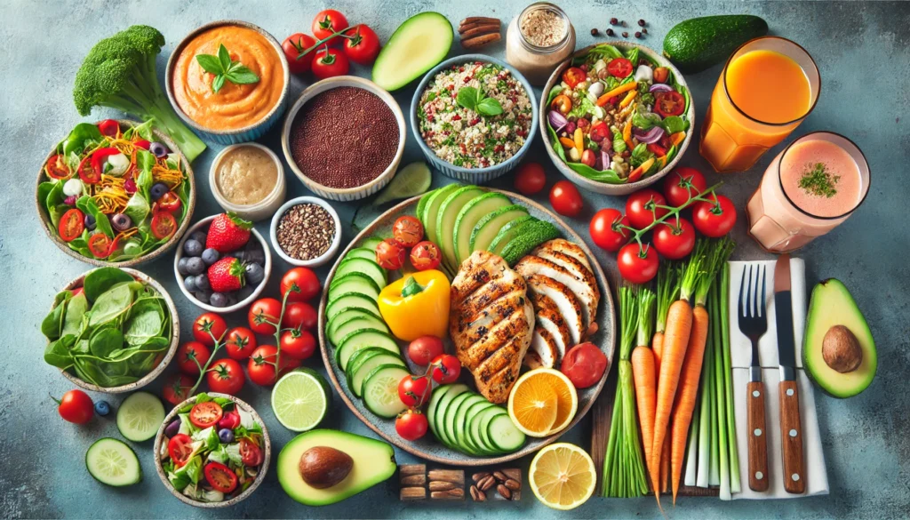 A colorful and appetizing display of nutritious meals, including grilled chicken, fresh vegetables, quinoa, avocados, and smoothies.