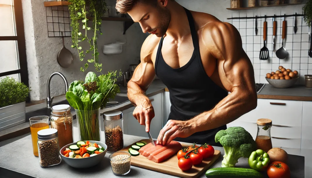 A high-performance athlete preparing a meal with fresh vegetables, lean protein, and healthy fats in a modern kitchen, emphasizing clean eating and sports nutrition.