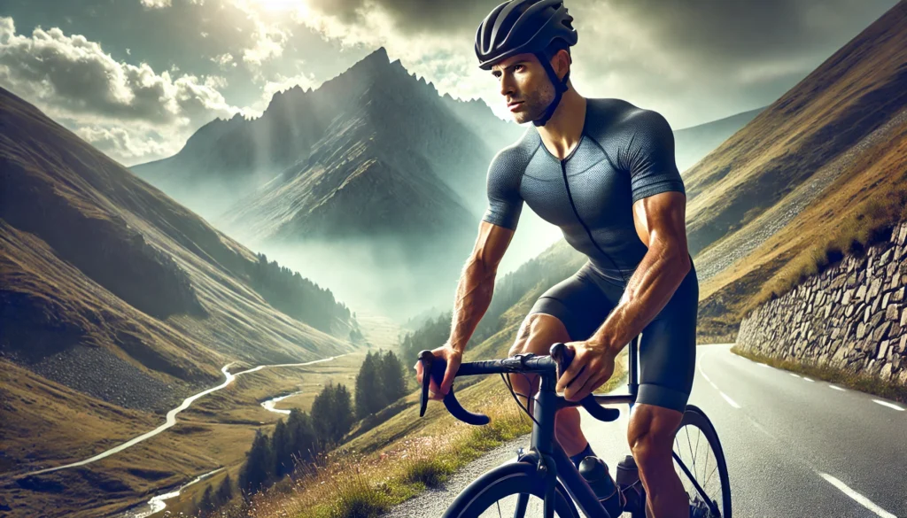 A professional cyclist climbing a steep uphill road, demonstrating strength and endurance powered by a low-carb diet, with a scenic mountain landscape in the background.