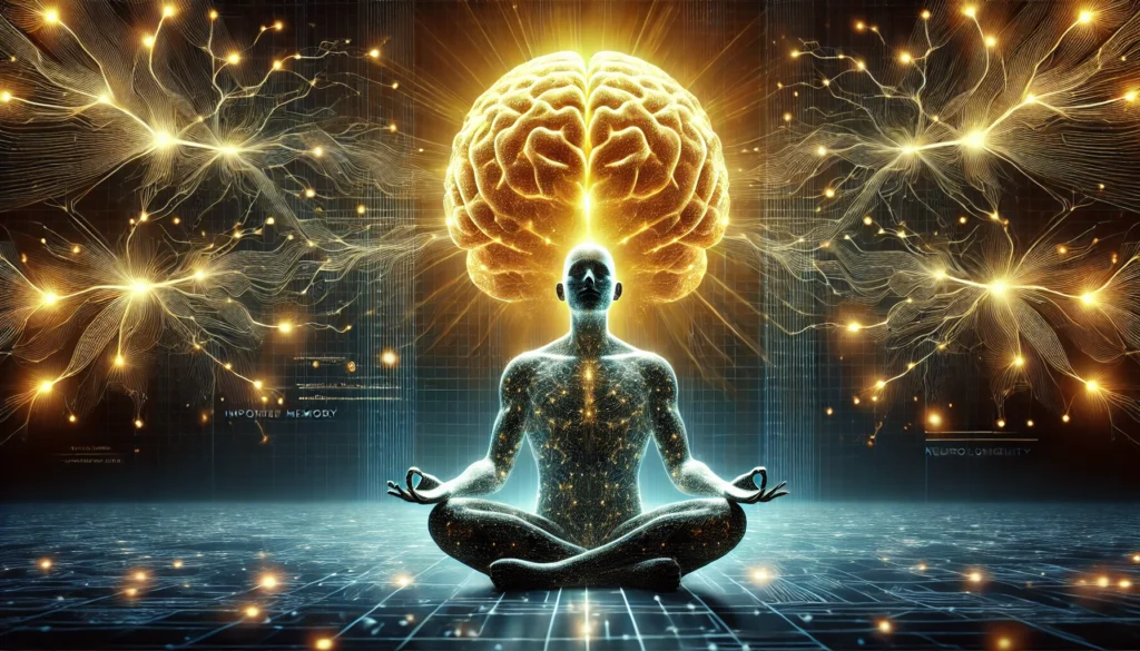 A futuristic visualization of a glowing human brain in deep meditation, with neural pathways illuminated in golden light. The high-tech interface in the background represents enhanced memory, cognitive longevity, and neuroplasticity through mindfulness.