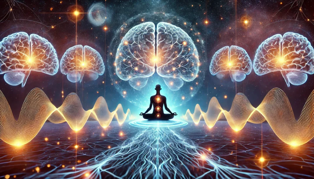 A serene meditation scene with a person sitting in a lotus position, surrounded by glowing neural connections and brainwave patterns. The cosmic background symbolizes enhanced cognitive function, memory retention, and longevity through meditation.