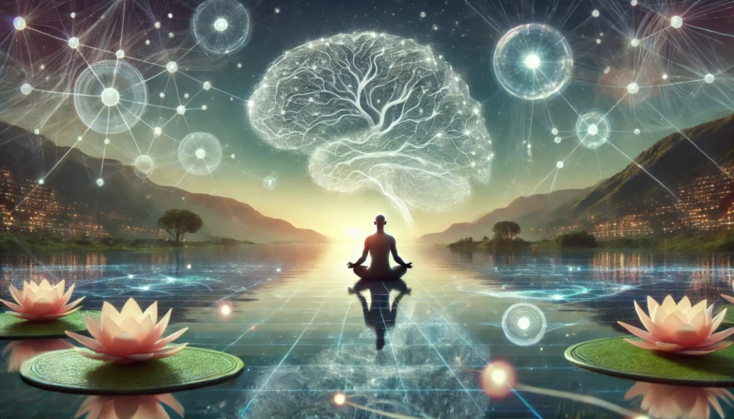 A serene digital landscape with a person meditating, surrounded by glowing neural connections symbolizing enhanced brain activity. A peaceful lake and soft glowing orbs in the background represent relaxation and mindfulness in a futuristic setting.