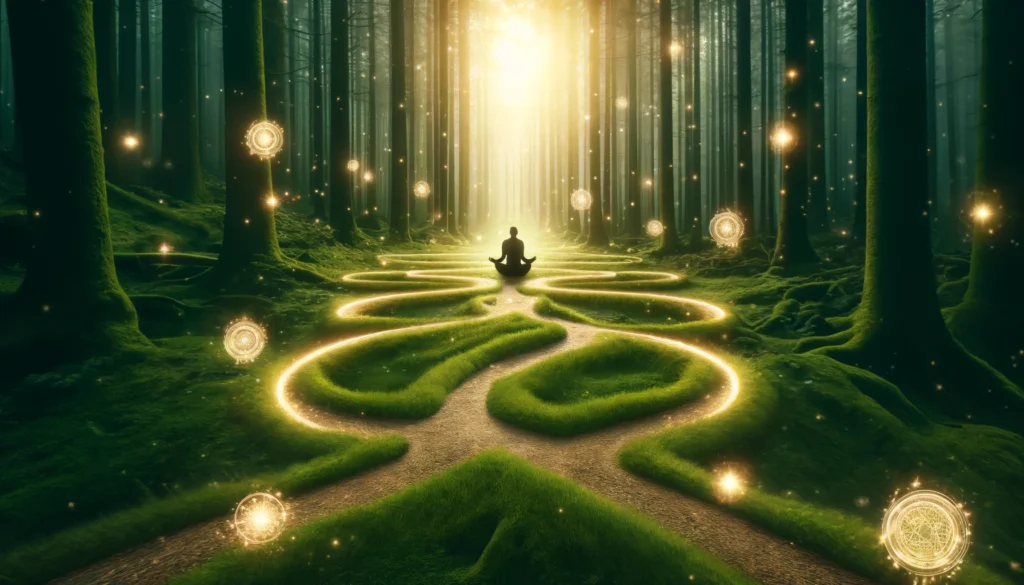 A tranquil forest meditation scene with a meditative figure sitting cross-legged on a mossy path. The path splits into multiple glowing trails through an enchanted woodland, symbolizing different meditation pathways leading to self-discovery and enlightenment.