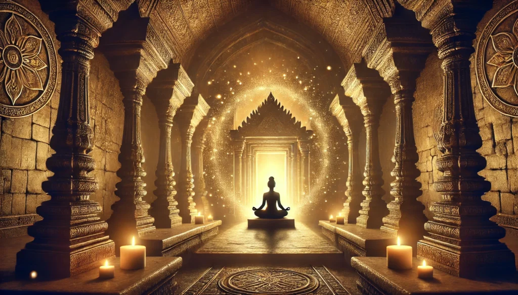 A mystical yoga meditation setting inside an ancient stone temple, where a meditative figure sits surrounded by floating energy particles. Candlelight and golden sunlight filter through intricate carvings, symbolizing spiritual awakening and deep inner balance.