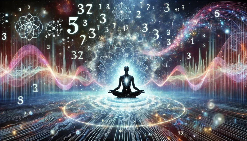 An abstract artistic representation of meditation statistics, featuring glowing energy waves forming numerical patterns around a meditative figure. The cosmic background with neural pathways and flowing energy symbolizes mindfulness's vast impact on human optimization.