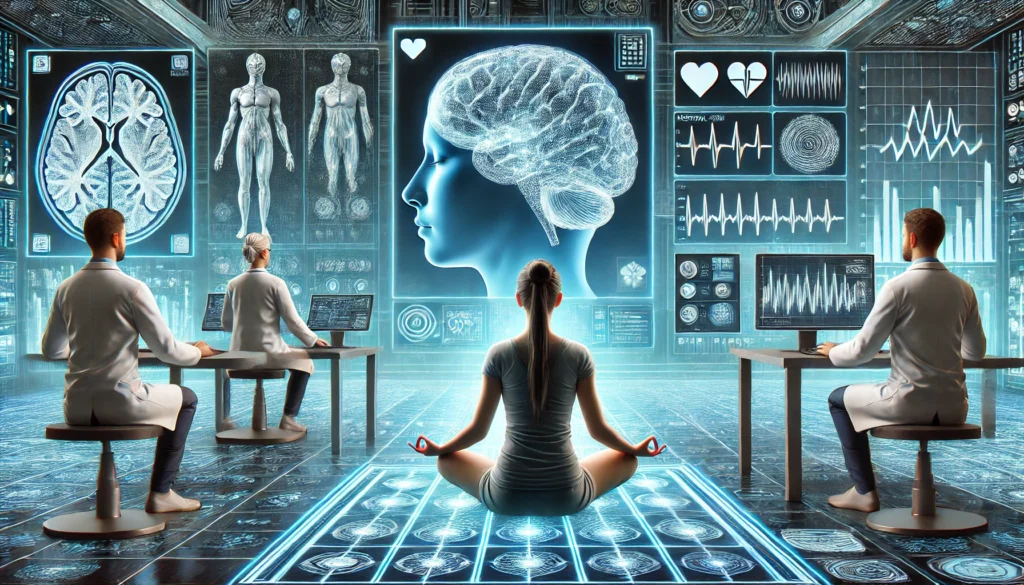 A high-tech meditation lab where scientists monitor brain activity on digital screens. A person is meditating while biometric data, neural scans, and heart rate patterns are displayed, representing the scientific study of meditation's cognitive impact.