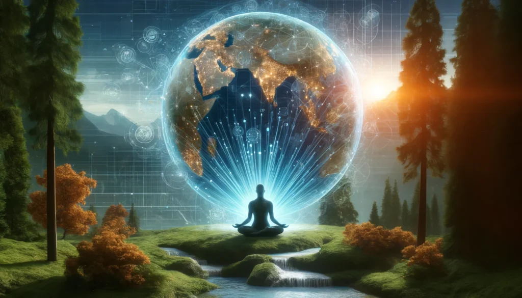 A global meditation visualization where glowing energy lines connect different parts of the world. A meditative figure sits at the center, symbolizing worldwide mindfulness growth, with nature and digital analytics blending harmoniously.