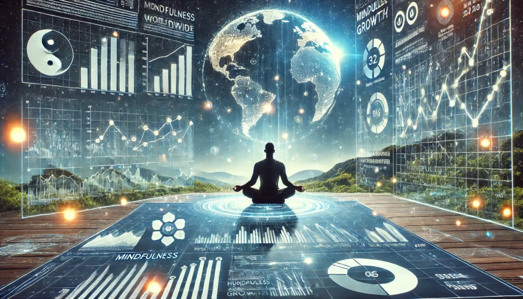 A futuristic meditation scene featuring a digital interface overlay with glowing statistics and data points. A person sits in a meditative pose, surrounded by holographic visuals representing the global rise of mindfulness and human optimization.