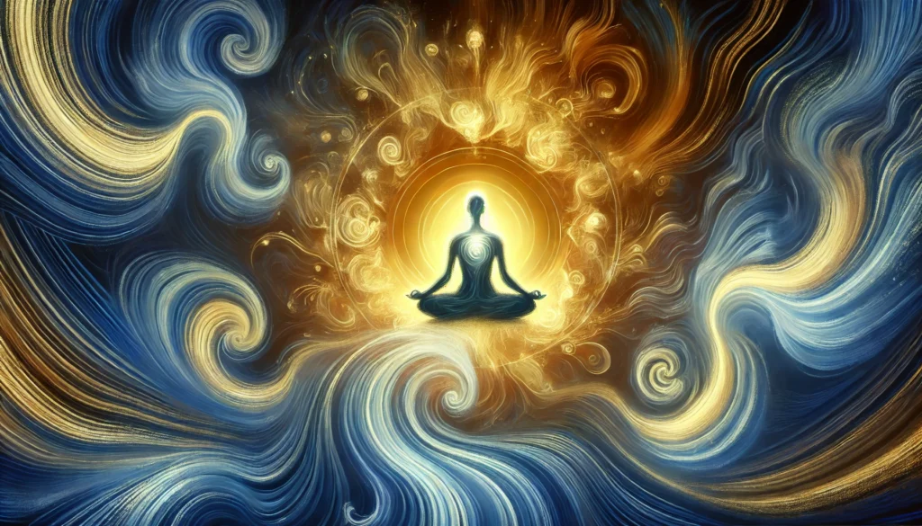 An abstract artistic representation of mindfulness-based stress reduction techniques. The image features a glowing meditative figure surrounded by swirling energy waves, symbolizing inner calm and stress relief. The background blends deep blue and golden hues, evoking a sense of balance, relaxation, and heightened awareness.