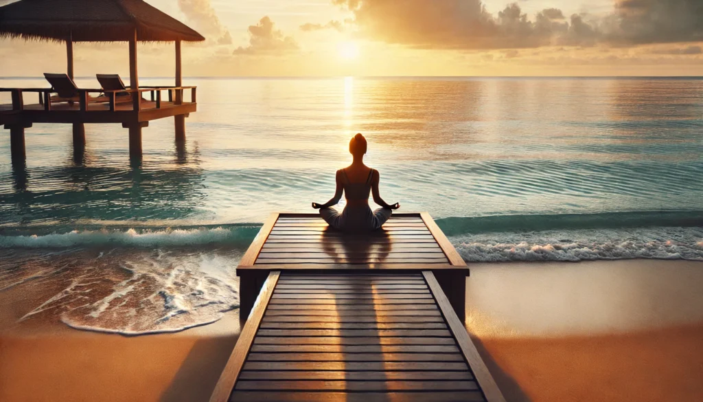 A peaceful yoga and meditation retreat by the ocean, where a person is practicing mindfulness-based stress reduction techniques at sunrise. The individual is in a meditative posture on a wooden platform overlooking the calm sea, with waves gently touching the shore. The scene radiates serenity, relaxation, and stress relief.
