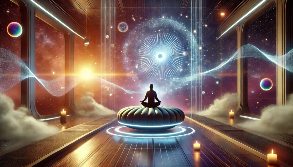 A futuristic meditation environment where a person is practicing mindfulness-based stress reduction techniques. The setting features soft ambient lighting, a tranquil floating meditation pod, and a serene background with cosmic energy waves symbolizing deep relaxation and cognitive optimization. The scene conveys harmony, balance, and stress relief.