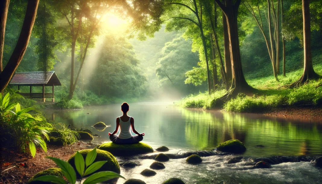 A serene meditation scene featuring a person practicing mindfulness-based stress reduction techniques in a peaceful forest setting. The individual sits cross-legged near a calm river, surrounded by lush greenery and soft sunlight filtering through the trees. The atmosphere exudes tranquility and deep relaxation, symbolizing stress relief and inner peace.
