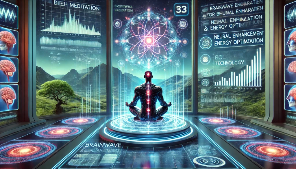 Advanced Meditation Technology – A futuristic meditation setting where an individual is practicing deep meditation while connected to cutting-edge biohacking technology, with holographic displays tracking brainwave activity and energy optimization.