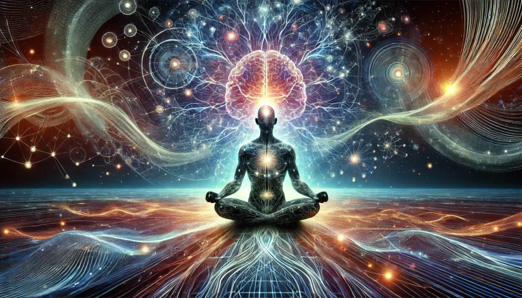 Abstract Visualization of Mental Clarity – An artistic representation of a meditative figure surrounded by glowing neural pathways, cosmic energy waves, and enhanced cognitive function, illustrating the fusion of meditation, biohacking, and peak performance.