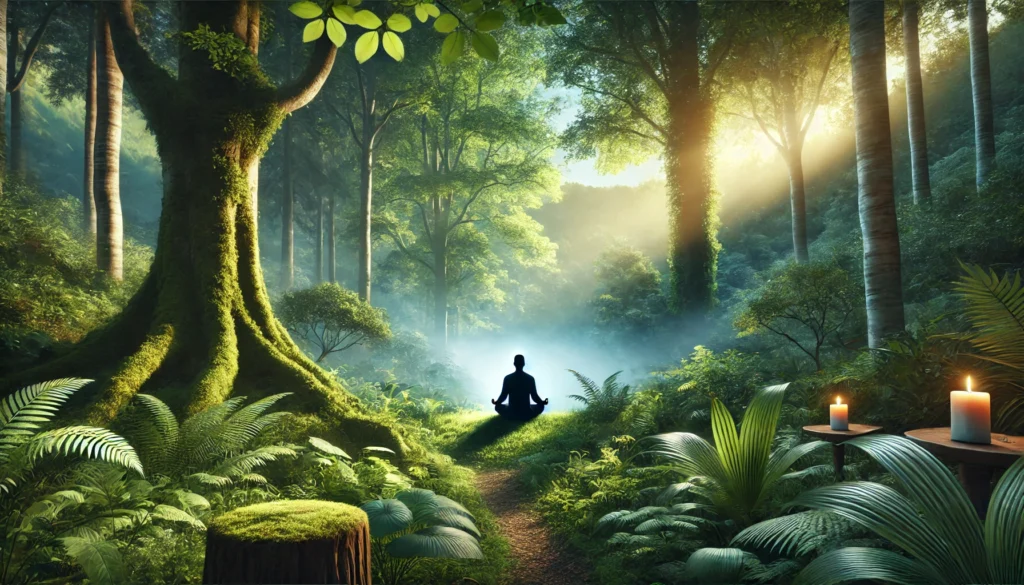 Tranquil Meditation Retreat – A peaceful meditation retreat set in a lush forest, where a person is meditating amidst vibrant greenery, soft sunlight, and a misty atmosphere, symbolizing mindfulness and cognitive optimization.