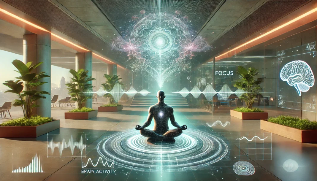 Futuristic Meditation Scene – A high-tech meditation environment where a person is deeply immersed in meditation, surrounded by holographic visuals displaying brain activity, energy flow, and biohacking technology.