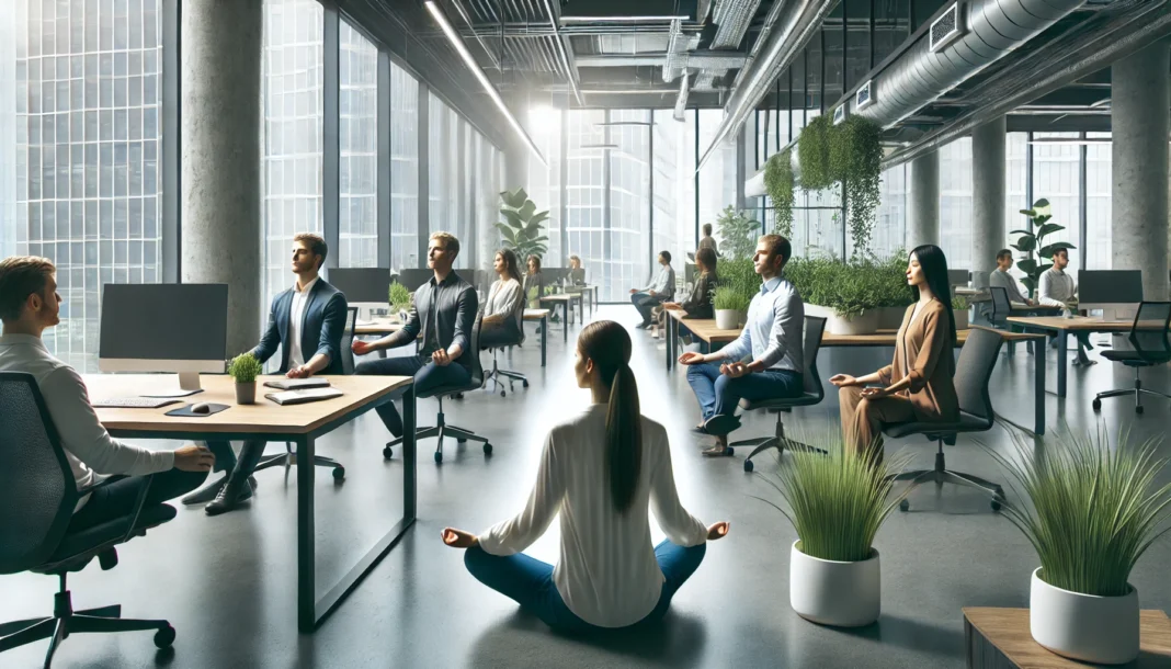 A modern corporate workspace where employees are practicing meditation – A contemporary office setting with employees engaging in meditation at their desks and in a designated relaxation area, fostering workplace mindfulness and productivity.