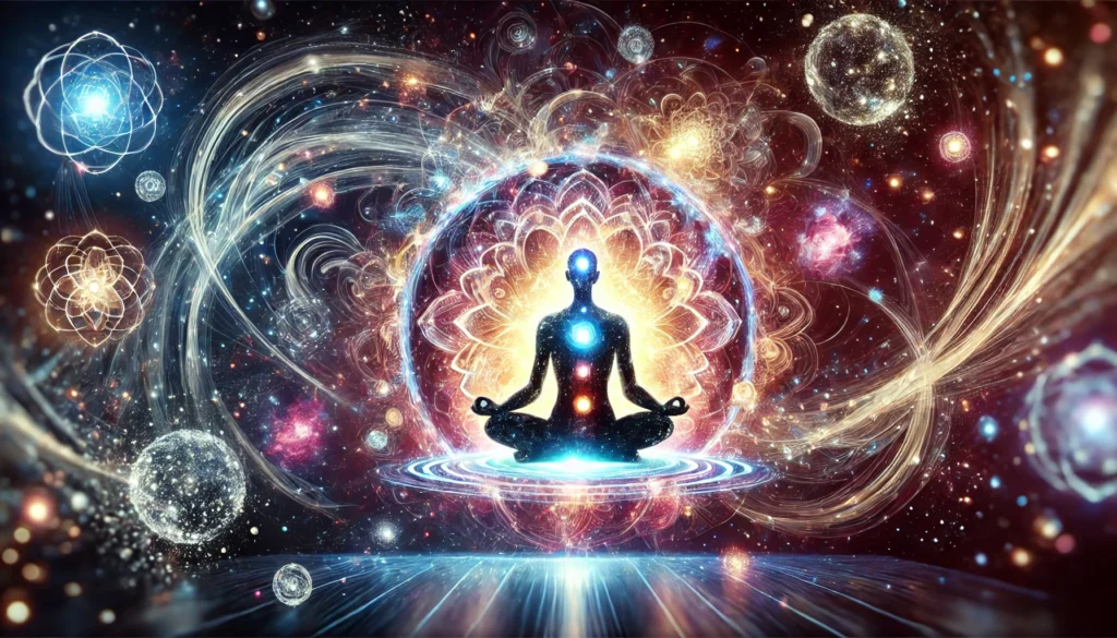 A cosmic-themed meditation scene with a figure in a lotus position, surrounded by swirling energy and glowing orbs, representing spiritual and cognitive benefits, symbolizing higher consciousness and inner peace.