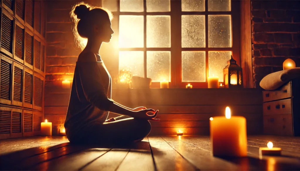 A person meditating in a dimly lit room with soft candlelight and a warm glow, conveying introspection, relaxation, and the emotional benefits of meditation.