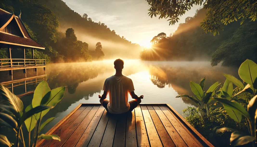 Tranquil meditation at sunrise by a misty lake – A person sits cross-legged on a wooden deck overlooking a serene misty lake at sunrise, surrounded by lush greenery. The golden light reflects off the water, creating a peaceful and meditative atmosphere.