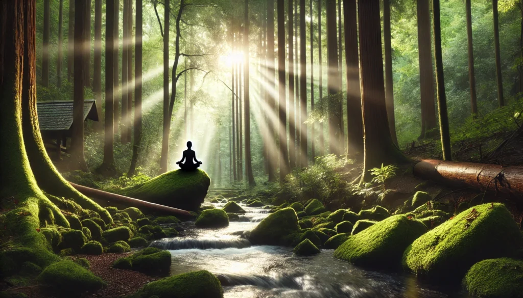 Serene forest meditation with flowing stream – A person meditates on a moss-covered rock in a lush green forest, with sunlight streaming through tall trees and a gently flowing stream nearby, evoking calmness and anxiety relief.