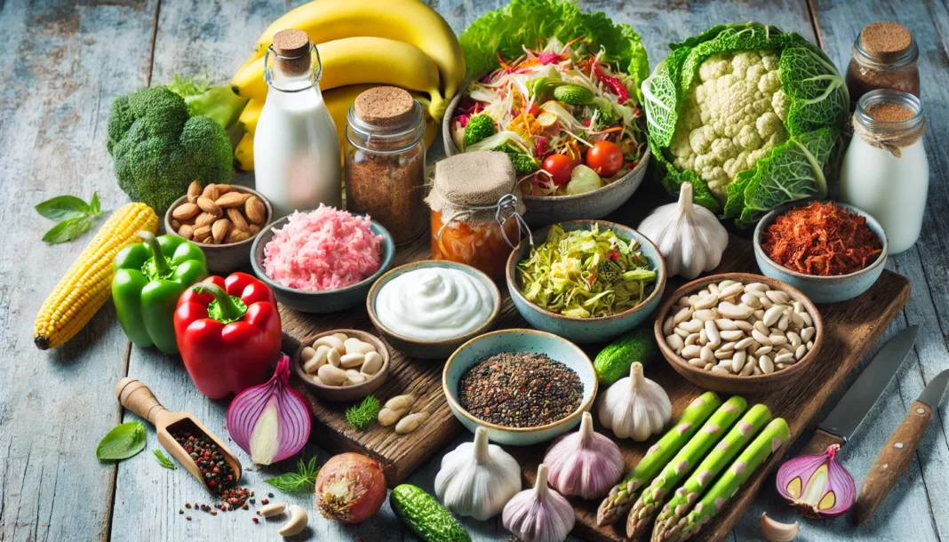 A vibrant assortment of gut-healing natural foods displayed on a rustic wooden table. The selection includes probiotic-rich yogurt, kefir, sauerkraut, kimchi, and fermented vegetables, alongside prebiotic foods such as bananas, garlic, onions, and asparagus. The fresh and colorful setting evokes a sense of digestive health and natural healing.