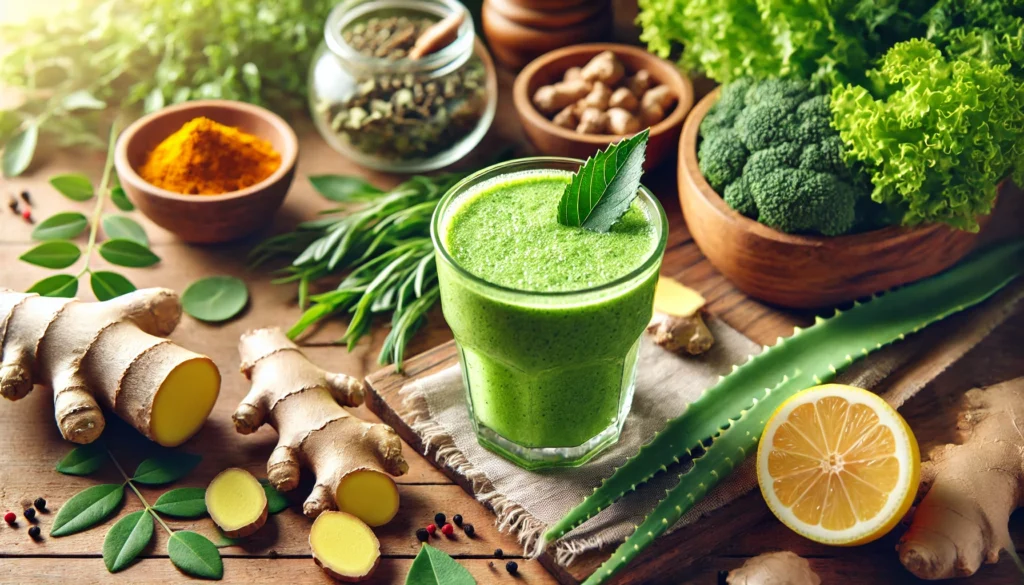 A refreshing glass of homemade gut-healing smoothie made from natural anti-inflammatory ingredients. The smoothie has a vibrant green color and is surrounded by fresh ingredients, including ginger, turmeric, leafy greens, aloe vera, and lemon. The wooden background and soft natural light enhance the fresh and health-promoting feel of the scene.