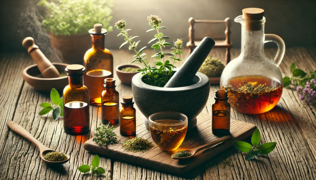 A rustic herbal medicine setup with a mortar and pestle crushing fresh herbs, amber glass bottles containing natural tinctures, and a steaming cup of herbal tea. A perfect representation of plant-based healing.