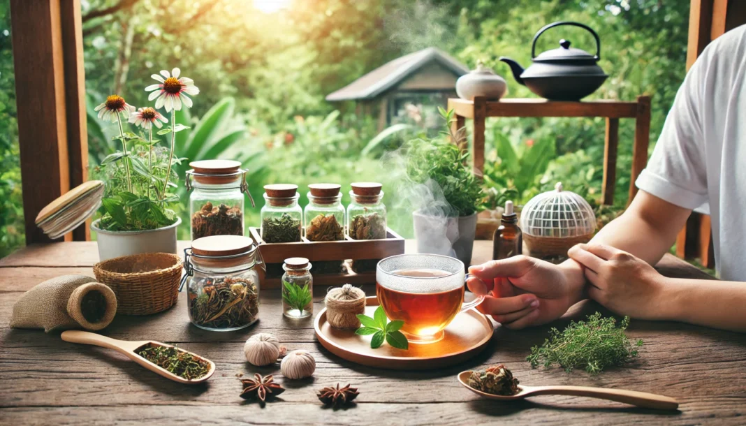 A peaceful natural cancer treatment setting featuring a wooden table with glass jars of dried medicinal herbs, fresh plants, and a steaming cup of herbal tea, creating a healing and soothing environment.