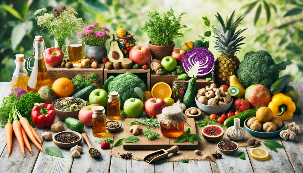 A vibrant holistic nutrition therapy scene showcasing a wooden table filled with colorful organic fruits, vegetables, fresh herbs, and herbal teas. The setting exudes natural healing and wellness.