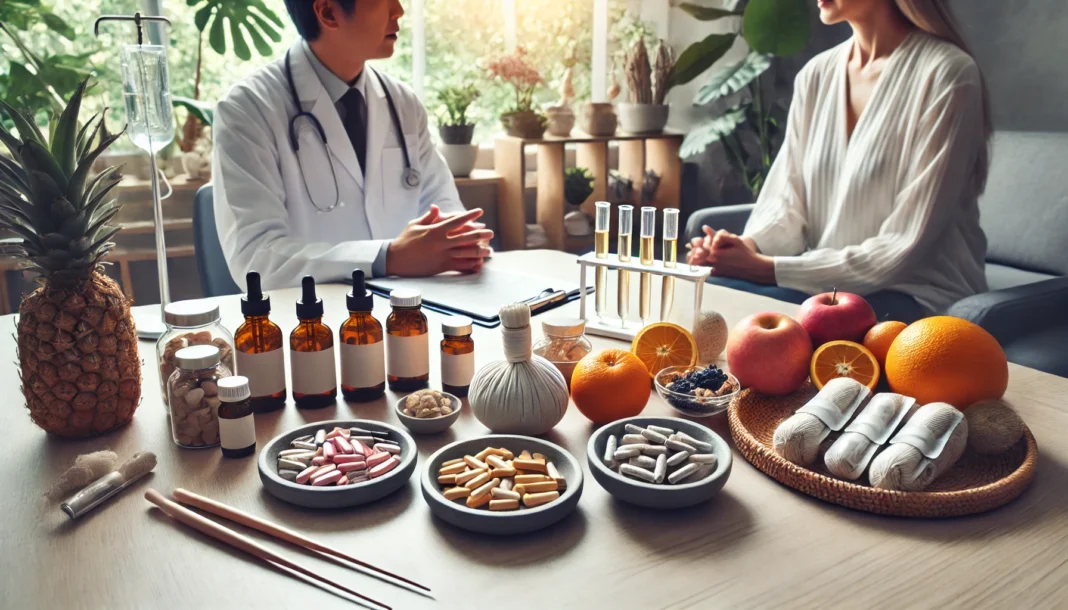 A serene medical setting where a doctor and a patient discuss integrative cancer treatment options. On a table, both conventional medicines such as pills and IV drips are placed alongside holistic elements like herbal supplements, acupuncture tools, and fresh organic fruits. Soft natural lighting and a calming environment highlight the balance between modern and holistic cancer care.