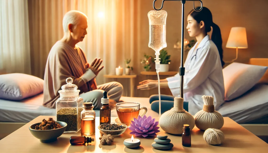 A cancer patient receiving integrative therapy in a peaceful medical environment. The patient is connected to an IV drip for conventional treatment while also surrounded by holistic healing elements such as herbal tea, essential oils, meditation tools, and the support of a caregiver. Soft, warm lighting enhances the atmosphere of hope and healing.