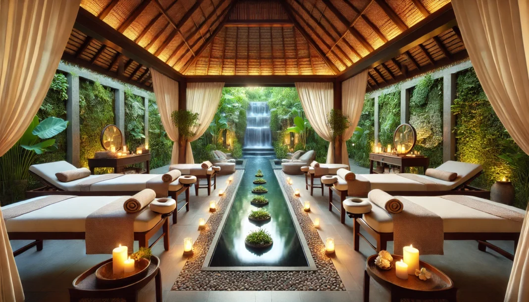 A tranquil open-air holistic wellness center featuring a spa, surrounded by lush greenery and a calming water feature. Soft candlelight, massage tables, and herbal treatments create a deeply relaxing atmosphere.