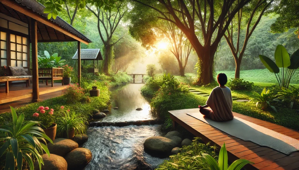 A serene outdoor healing space where a person is practicing meditation for natural cancer recovery. Surrounded by lush greenery, a peaceful stream, and soft morning sunlight, the setting evokes relaxation and holistic healing.