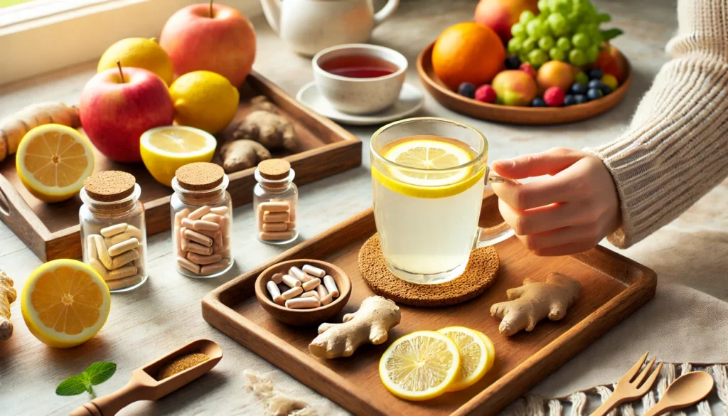 A peaceful morning wellness routine for gut health, featuring a person drinking a glass of warm lemon water with fresh ginger. A wooden tray with herbal tea, fresh fruits, and probiotic supplements enhances the healthy setting.