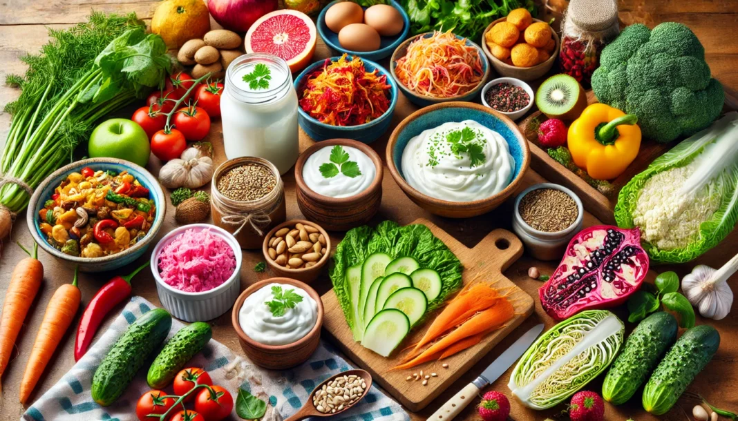 A vibrant gut-friendly meal spread on a wooden table featuring probiotic-rich foods like yogurt, sauerkraut, kimchi, kefir, and fermented vegetables. Fresh herbs and colorful fruits enhance the natural, healthy ambiance.