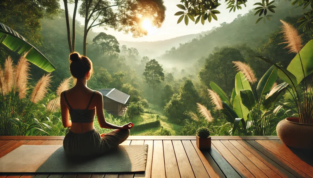 A person practicing meditation on a wooden deck in a lush outdoor setting, surrounded by greenery and soft morning sunlight. The scene evokes mindfulness, balance, and natural well-being.