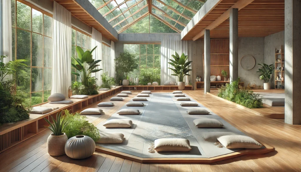 A modern wellness center with a serene yoga and meditation area. Large windows let in natural light, with wooden floors, greenery, and neatly arranged yoga mats fostering peace and rejuvenation.