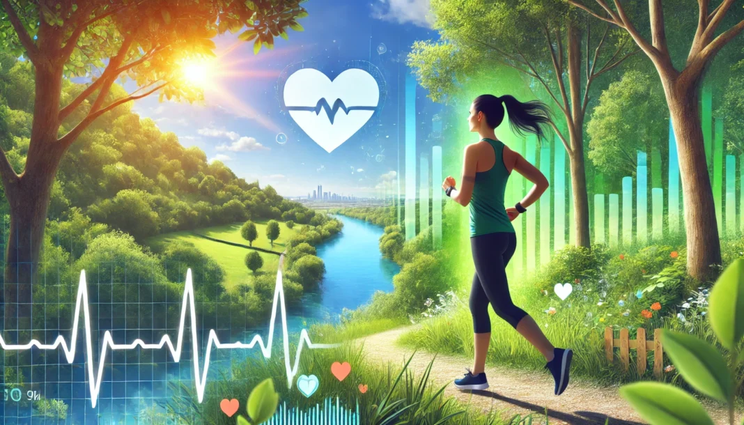 A fit woman jogging on a scenic outdoor trail surrounded by lush greenery. Bright sunlight, a clear blue sky, and a natural landscape emphasize endurance, heart health, and fitness.